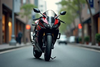 Kawasaki GTR 1000 garée dans une rue urbaine, vue de trois-quarts avant pour illustrer un article sur l'assurance moto