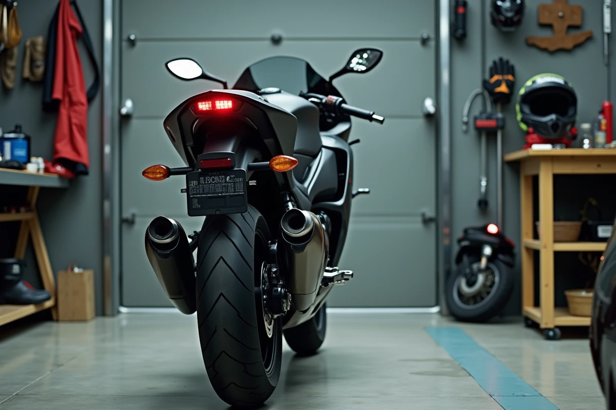 Kawasaki GTR 1000 dans un garage privé avec équipements moto, contexte d'assurance et entretien deux-roues