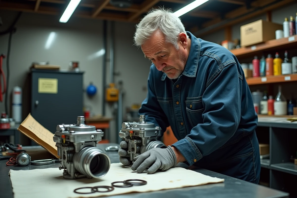 Mécanicien inspectant les carburateurs démontés d'une Kawasaki KZ400J posés sur un établi d'atelier avec pièces de rechange