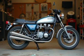 Kawasaki KZ400J vintage garée de trois quarts avant dans un garage avec détails de patine sur le chrome et l'échappement
