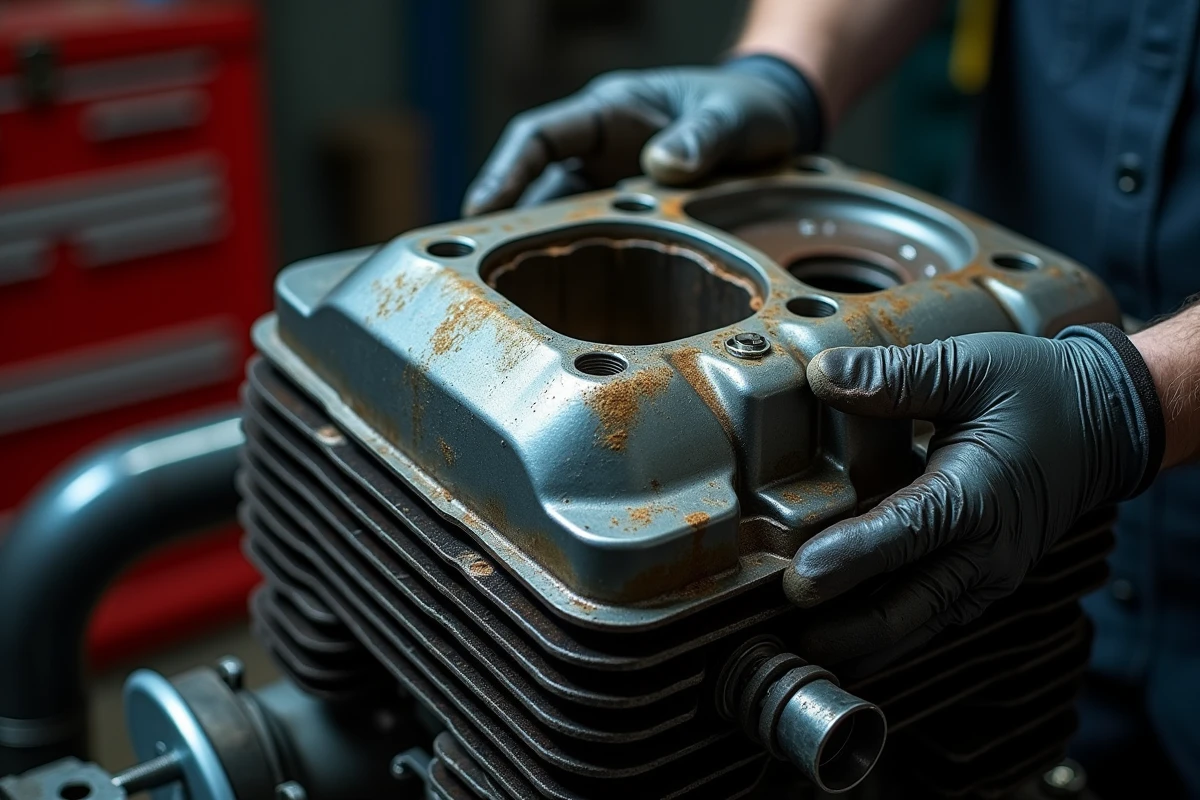 Gros plan du moteur d'une Kawasaki KZ400J montrant des traces de fuite d'huile sur le cache culbuteurs et la corrosion aluminium