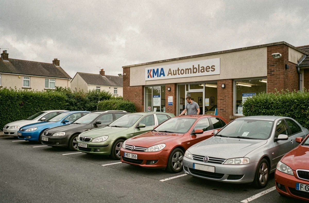 Extérieur du garage KMA Automobiles avec exposition de véhicules d'occasion dans une zone commerciale normande