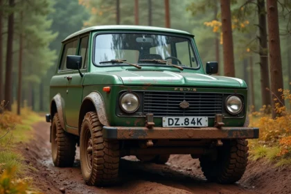 Lada Niva 4x4 garé sur un chemin forestier boueux, illustrant sa robustesse et sa fiabilité tout-terrain