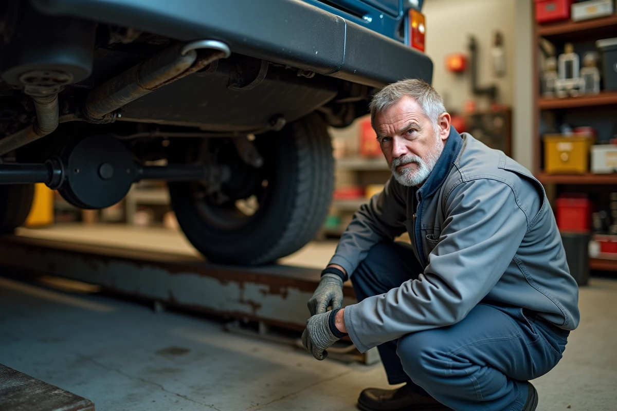 Mécanicien inspectant le dessous d'un Lada Niva 4x4 sur pont élévateur dans un garage indépendant, coûts d'entretien et fiabilité