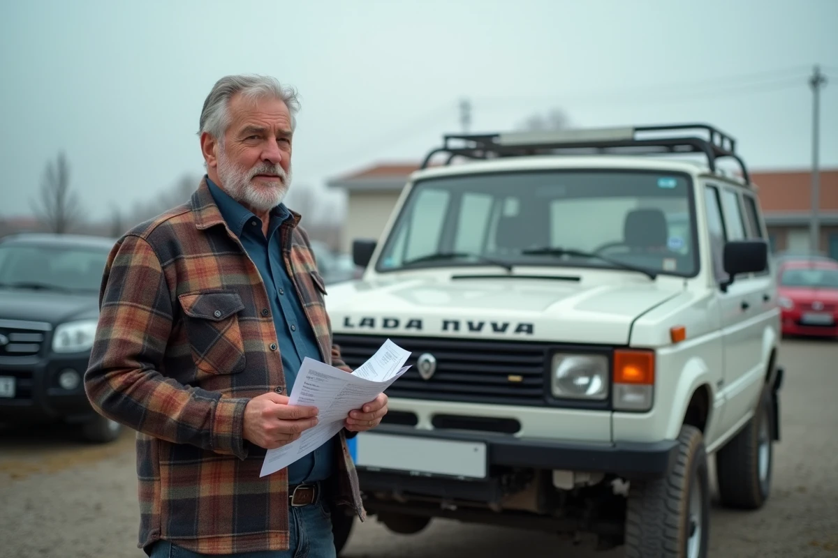 Homme évaluant le prix de revente d'un Lada Niva 4x4 blanc dans un lot de véhicules d'occasion en milieu rural