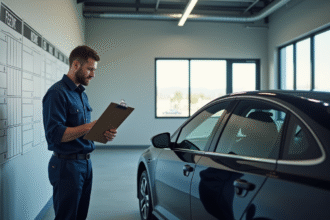 Mécanicien dans un garage moderne inspectant une voiture familiale