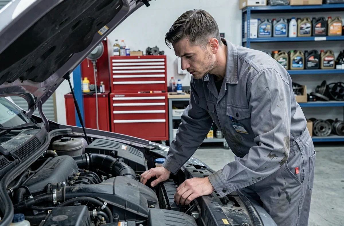 Mécanicien inspectant un moteur diesel 1.5 BlueHDi dans un atelier automobile professionnel