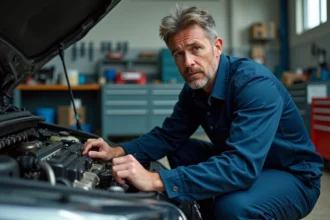 Mécanicien inspectant un moteur essence de berline compacte dans un garage automobile professionnel