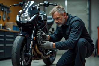 Mécanicien moto inspectant le disque de frein d'une moto sportive