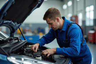 Mécanicien en bleu inspectant un Peugeot 208 d'occasion dans un garage moderne