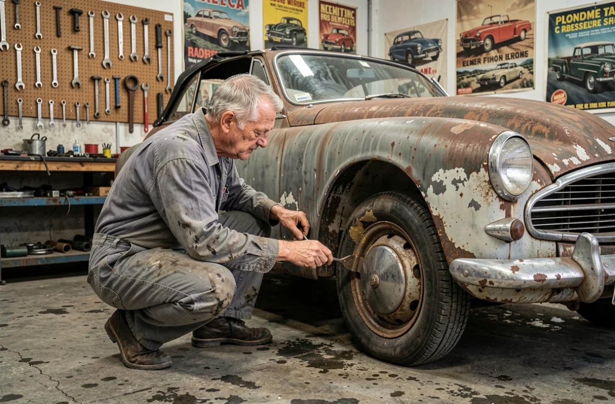 Mécanicien inspectant la carrosserie rouillée d'une Peugeot 403 cabriolet dans un garage vintage, voiture emblématique de Columbo
