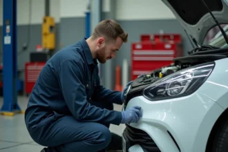 Mécanicien inspectant le système Stop and Start d'une Renault Clio 4 dans un garage automobile professionnel