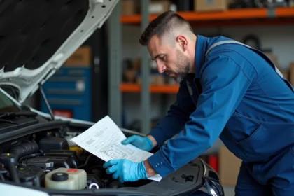 Mécanicien homme examinant un diagramme électrique sur une Renault Mégane