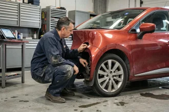 Mécanicien inspectant une Renault Clio 2 rouge dans un garage professionnel avec un voyant allumé visible au tableau de bord