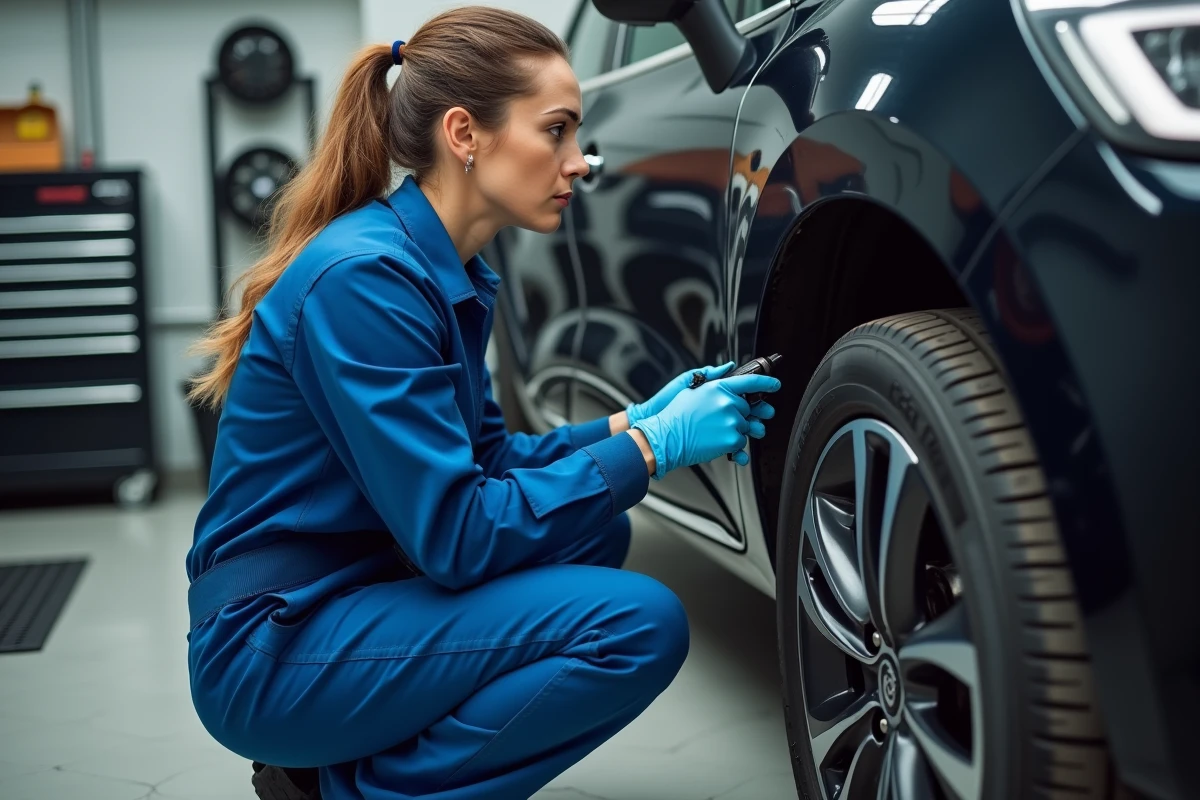 Femme mécanicien examinant une roue de Clio en garage