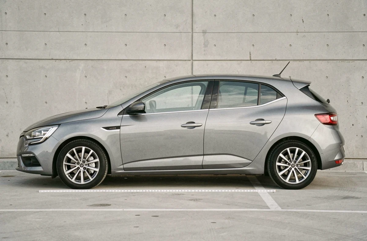 Profil latéral complet d'une Renault Megane grise avec indication visuelle des dimensions, longueur et hauteur de la carrosserie