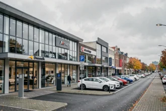 Vue panoramique d'une rue de concessionnaires automobiles dans les Hauts-de-France avec plusieurs showrooms et véhicules exposés