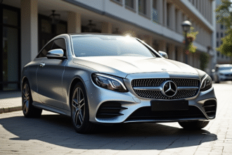 Mercedes CClsedan argent en ville lumineuse