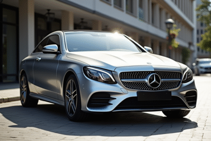 Mercedes CClsedan argent en ville lumineuse