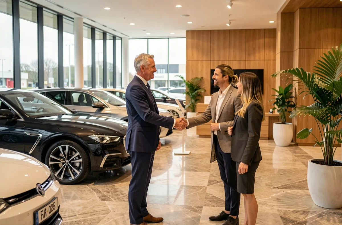 Intérieur élégant du showroom Mercier et Cie à Marcq-en-Barœul avec un conseiller en costume accueillant des clients