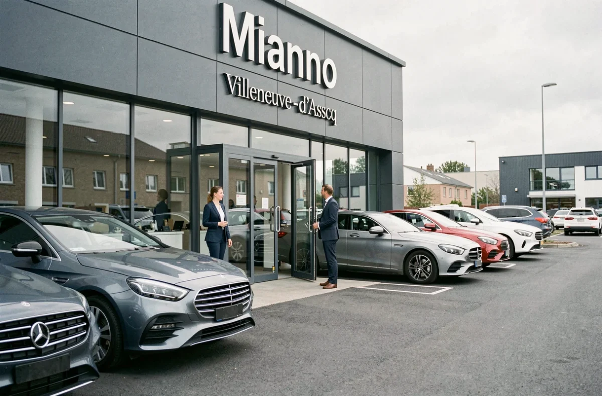 Façade du concessionnaire Milano Automobiles à Villeneuve-d'Ascq avec une conseillère accueillant un client à l'entrée