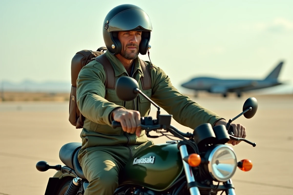 Motard en combinaison de vol réplique Top Gun assis sur une Kawasaki GPz900R dans un décor de base aérienne désertique