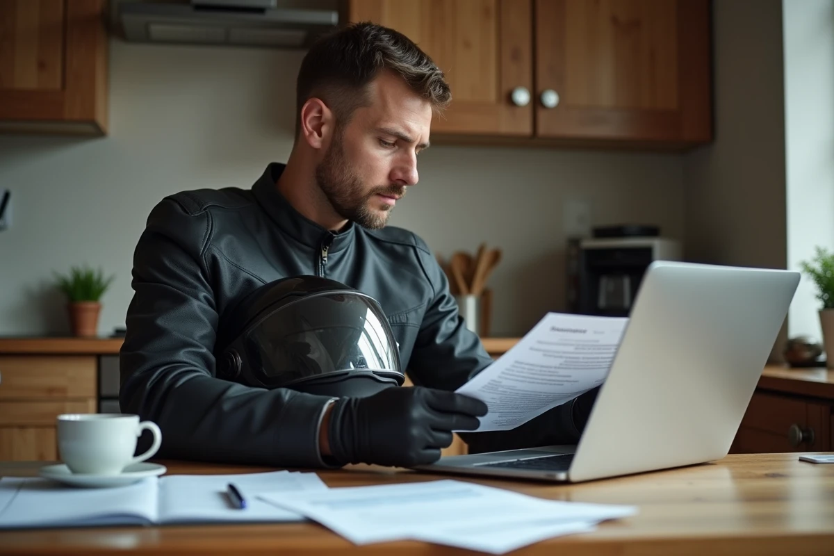 Motard consultant des documents d'assurance pour sa Kawasaki GTR 1000 à son domicile, comparaison de garanties moto