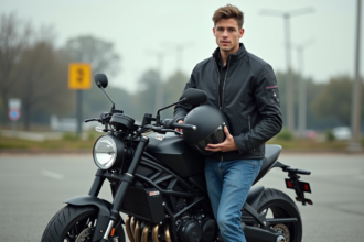 Jeune homme en moto avec casque et moto 1000cc