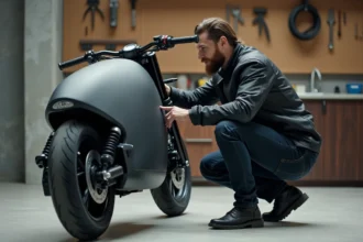 Motard inspectant une moto électrique moderne dans un garage urbain en béton, illustrant l'intérêt croissant pour la Moto 3.0 en 2026