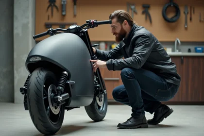 Motard inspectant une moto électrique moderne dans un garage urbain en béton, illustrant l'intérêt croissant pour la Moto 3.0 en 2026