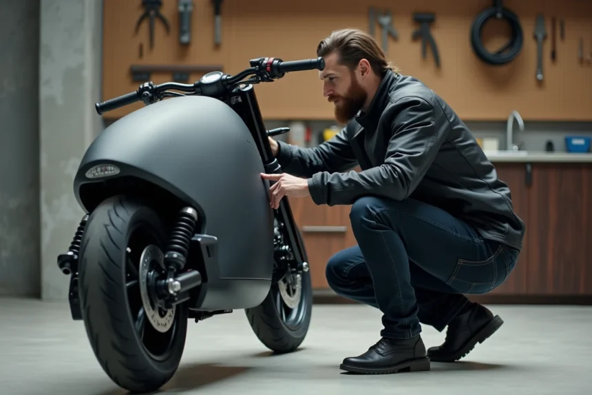 Motard inspectant une moto électrique moderne dans un garage urbain en béton, illustrant l'intérêt croissant pour la Moto 3.0 en 2026
