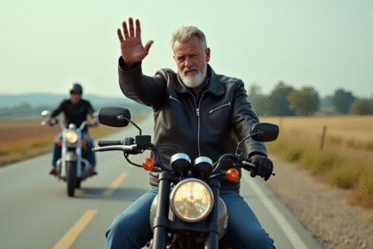 Motard en balade sur une route de campagne