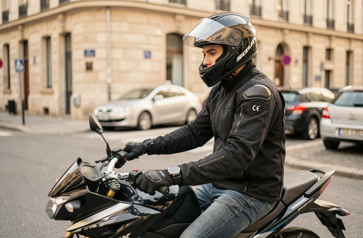 Jeune motard consulte le compteur numérique de sa Suzuki GSX-S 125 en milieu urbain, équipé d'un casque intégral et d'une veste textile