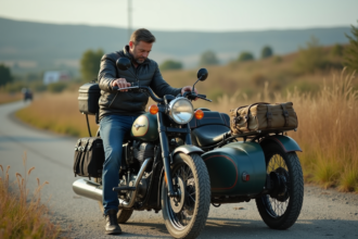 Homme en veste moto sécurise son chargement à côté d'une moto avec sidecar en campagne