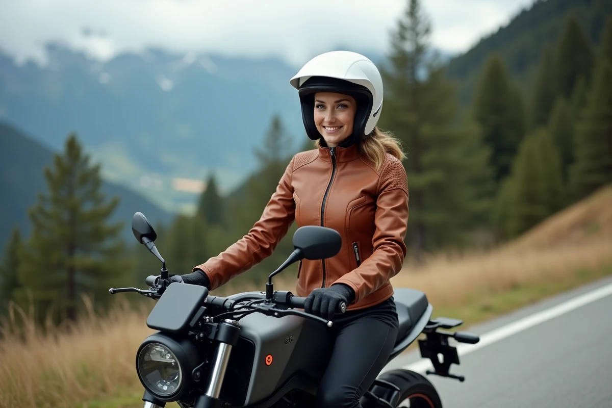 Motarde assise sur une moto connectée en bordure de route de montagne, symbole de l'essor de la Moto 3.0 pour les nouvelles générations de pilotes