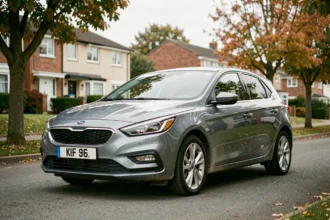 Citroën ou Peugeot avec moteur 1.5 BlueHDi 130 garée dans une rue résidentielle, vue trois quarts avant