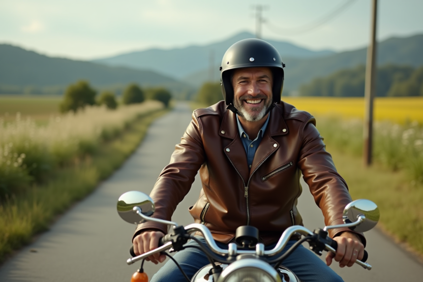 Homme souriant en moto vintage dans la campagne