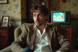Homme en veston tweed froissé assis dans un fauteuil vintage avec un ours en peluche brun, regardant une télévision CRT affichant des dessins animés, expression comique à la Mr. Bean