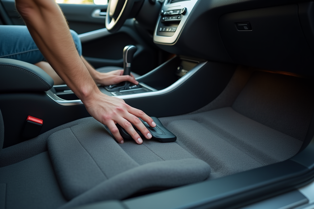 Mains nettoyant le tapis de la Peugeot 408 avec un aspirateur