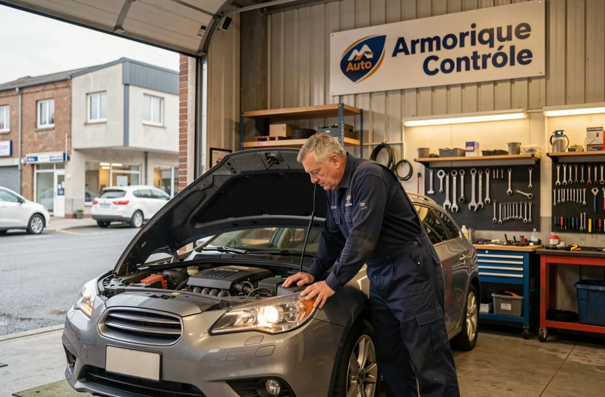 Mécanicien en bleu marine inspectant le moteur d'un break gris au centre Norisko Auto Armorique Contrôle à Brest
