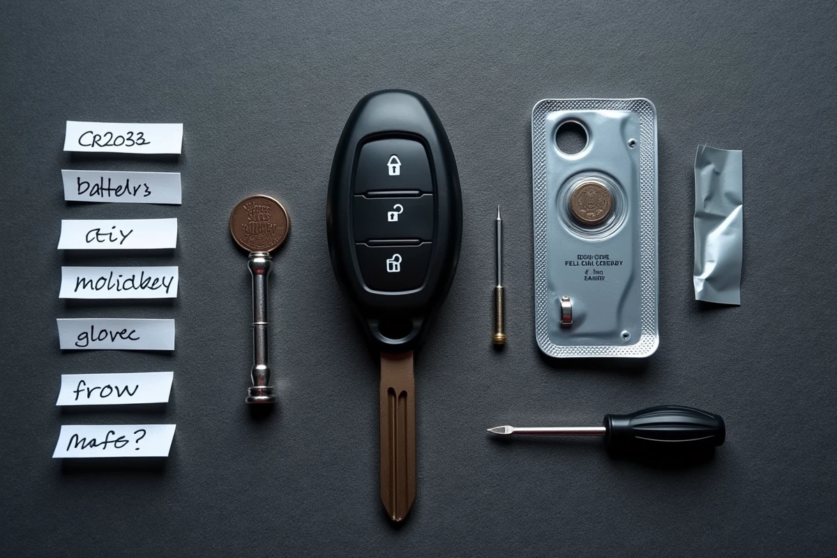 Ensemble des outils et matériaux nécessaires pour changer la pile de la clé Renault Clio 4 disposés en flat lay