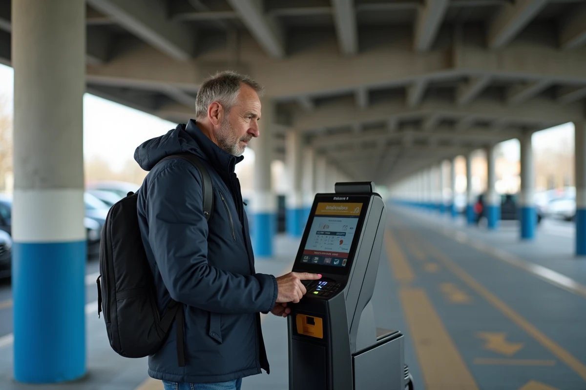 Homme utilisant une borne de paiement dans un parking couvert près d'une gare TGV en France