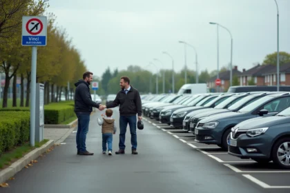 Parking de covoiturage Vinci Autoroutes plein avec des conducteurs qui se retrouvent près des panneaux de signalisation