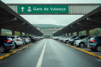 Parking extérieur de la gare de Valence avec rangées de voitures et signalisation directionnelle