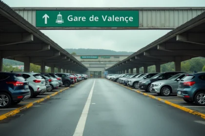 Parking extérieur de la gare de Valence avec rangées de voitures et signalisation directionnelle