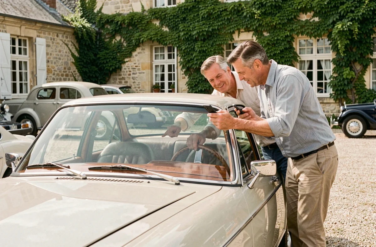 Passionnés d'automobile admirant une boiserie artisanale sur une voiture ancienne lors d'un rassemblement en France