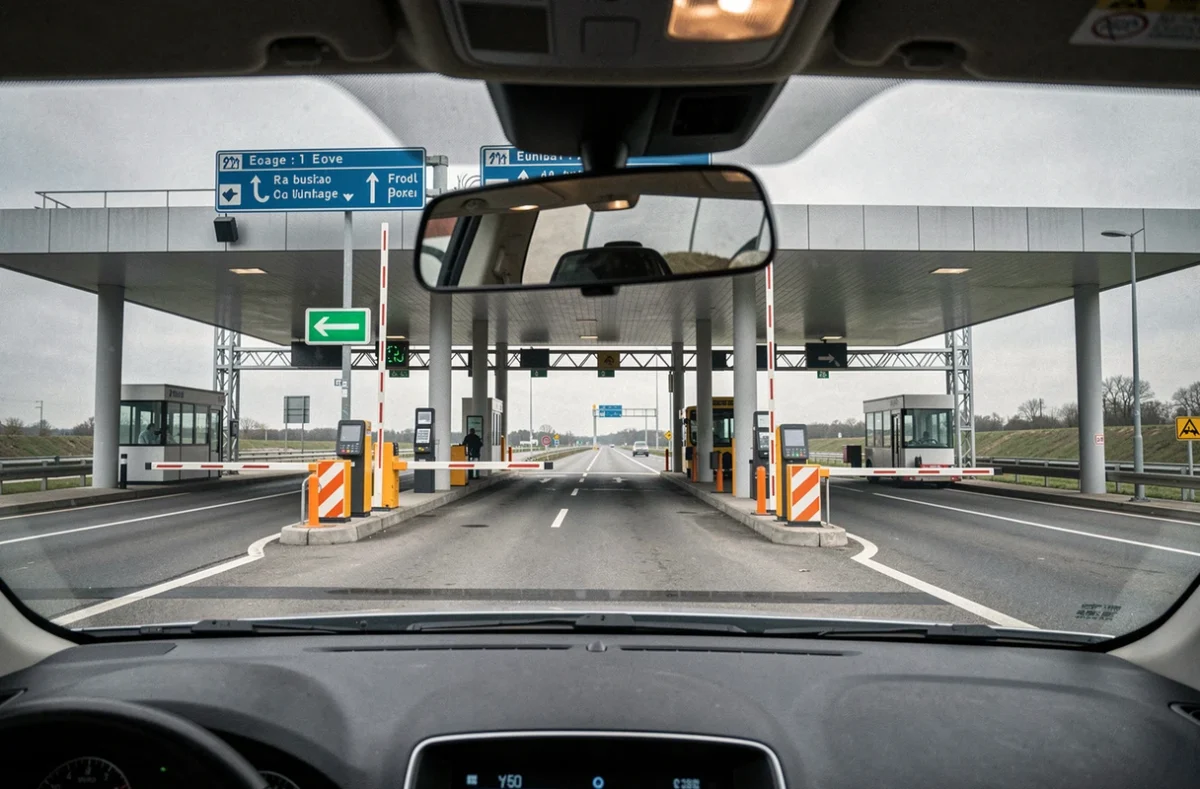 Vue depuis l'habitacle d'une voiture arrivant à un péage autoroutier en France