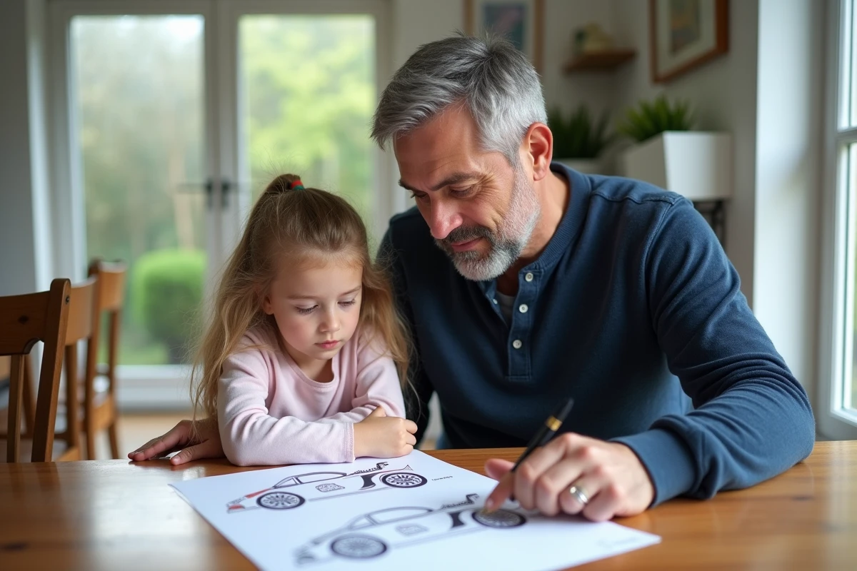 Père et fille observant ensemble un dessin de voiture imprimé prêt à colorier à la maison