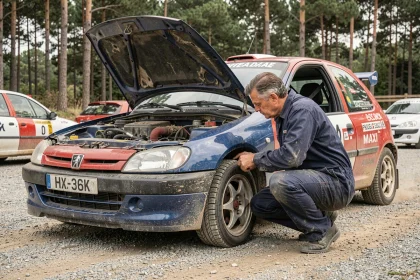 Mécanicien inspectant la suspension d'une Peugeot 106 Maxi de rallye amateur sur un parc assistance en gravier