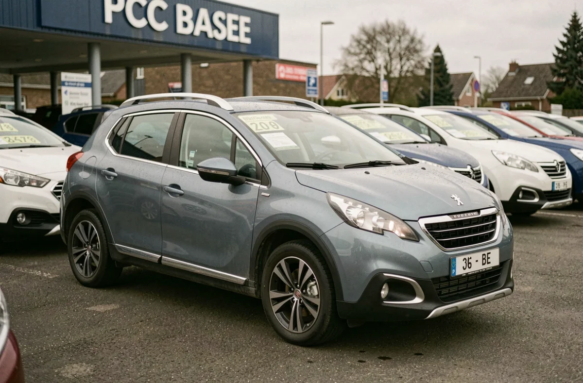Peugeot 2008 dans un parc de concessionnaire automobile, contexte revente occasion avec étiquettes de prix visibles
